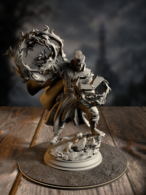 Aaron Drafthold, The Wandering Mage, in time-warped arcane robes mid-cast, front view on a sanctum base.