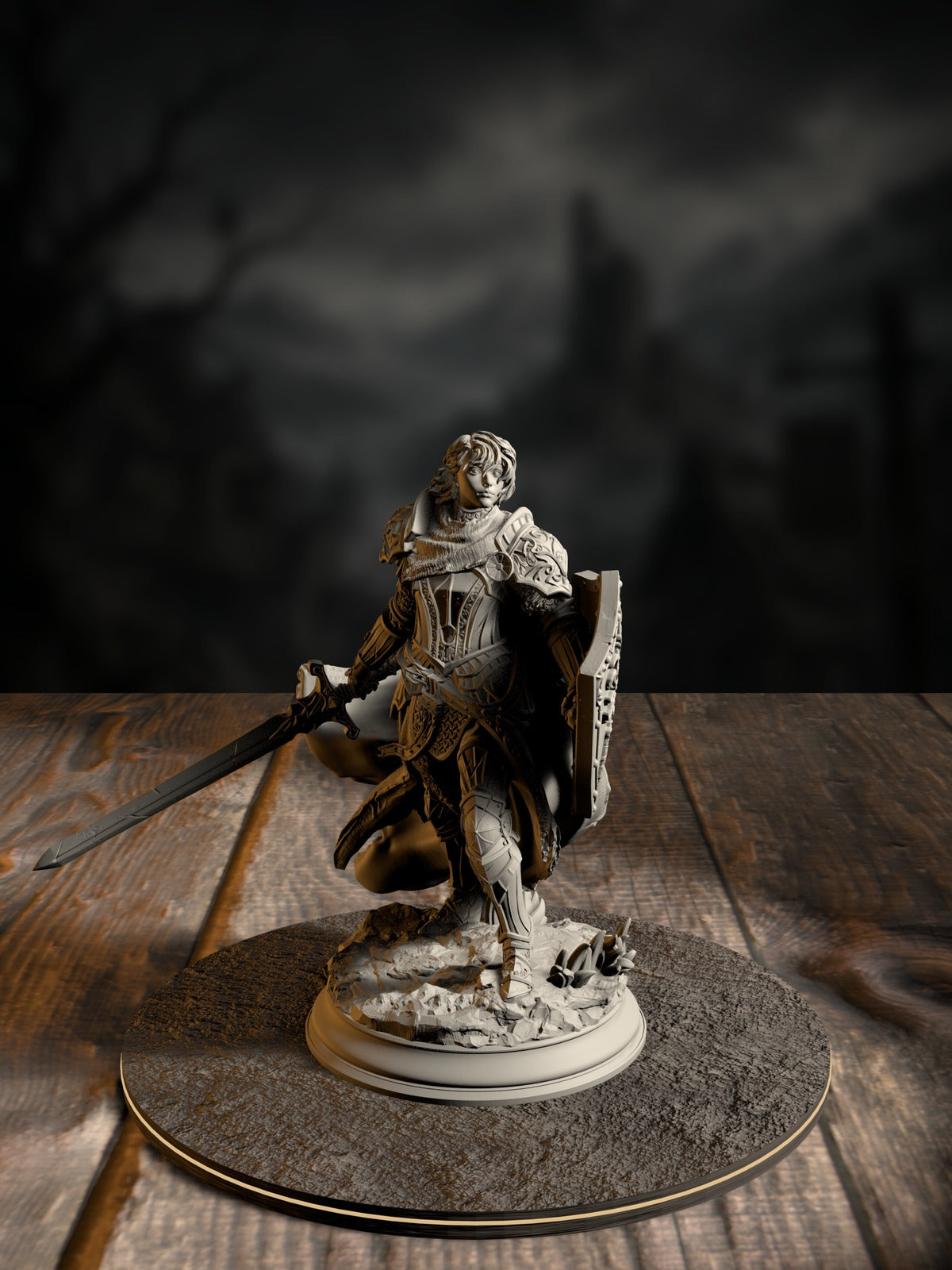 Alwine von Findros, Elite Marine Knight (No Helmet variant), bare-headed with sword and shield, front view on a coastal base.