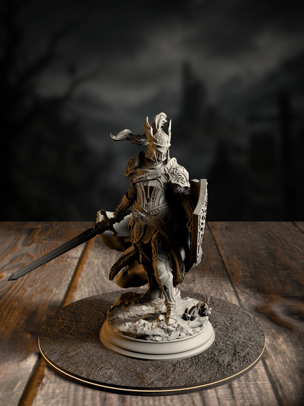 Alwine von Findros, Elite Marine Knight, in a winged marine helm with sword and shield, front view on a coastal base.
