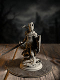Alwine von Findros, Elite Marine Knight, in a winged marine helm with sword and shield, front view on a coastal base.