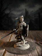 Alwine von Findros, Elite Marine Knight, in a winged marine helm with sword and shield, front view on a coastal base.