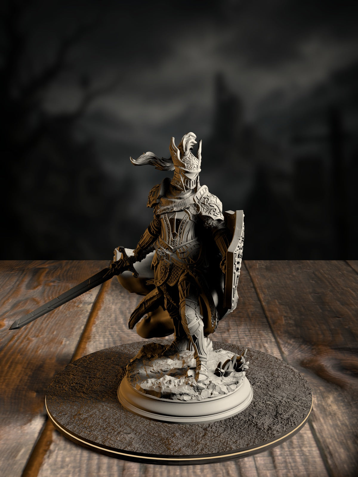 Alwine von Findros, Elite Marine Knight, in a winged marine helm with sword and shield, front view on a coastal base.