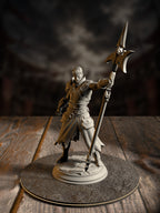 Bearded human gladiator in banded leather armor raising a bladed glaive overhead, standing atop a cracked stone plinth