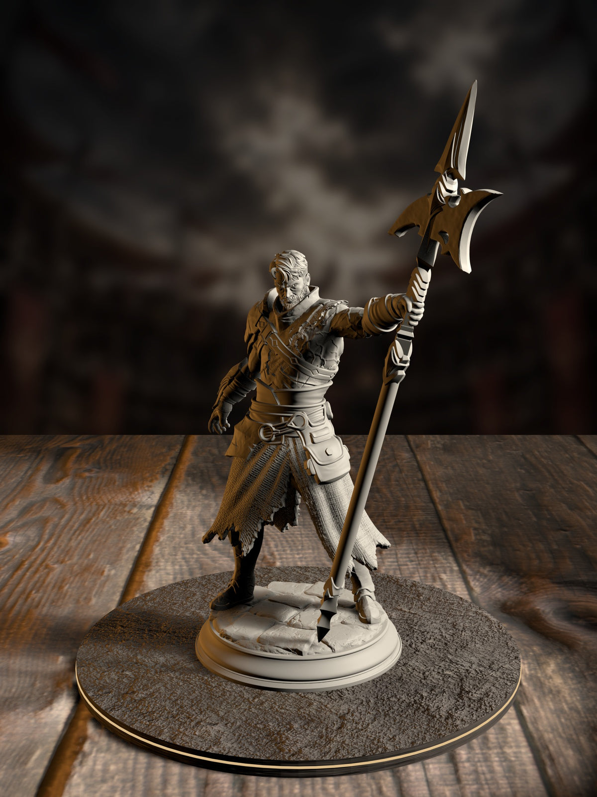 Bearded human gladiator in banded leather armor raising a bladed glaive overhead, standing atop a cracked stone plinth