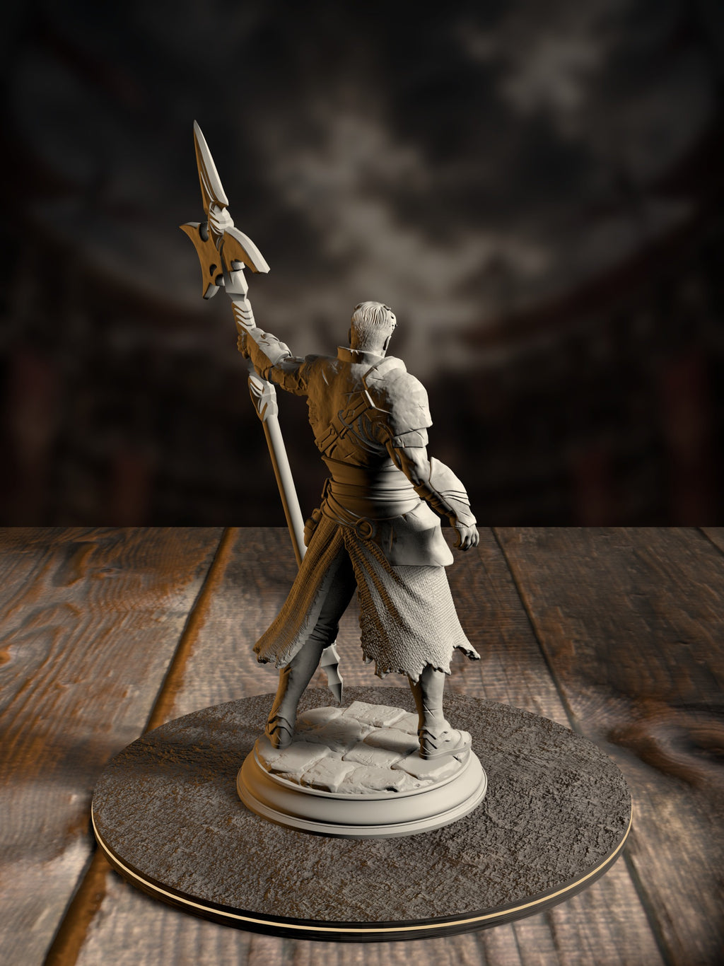 Rear view of the hexhunter gladiator miniature showing tattered cloth wrap, banded pauldrons, and the raised glaive blade