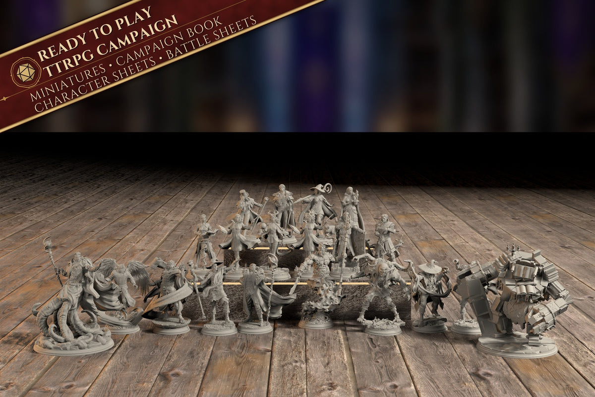 Group photo of all 20 painted-ready miniatures from the The Arcane University campaign bundle, with a Ready to Play banner listing miniatures, campaign book, character sheets, and battle sheets.