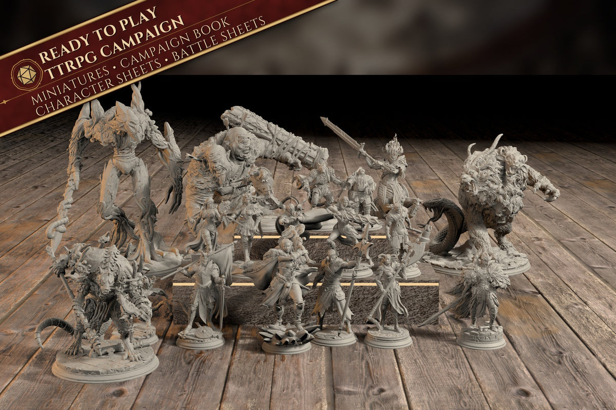 Group photo of all 19 painted-ready miniatures from the Welcome to the Arena campaign bundle, with a Ready to Play banner listing miniatures, campaign book, character sheets, and battle sheets.