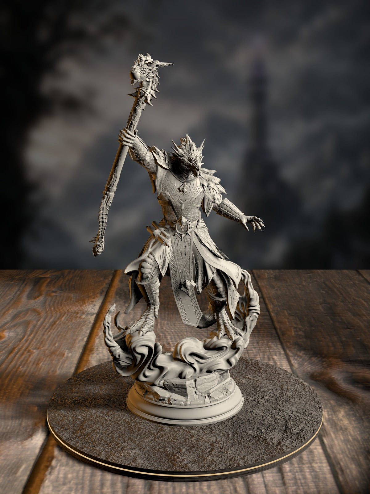 Artizak Stormscale, Chaos Dragon Sorcerer, mid-cast with storm-charged draconic energy, front view.