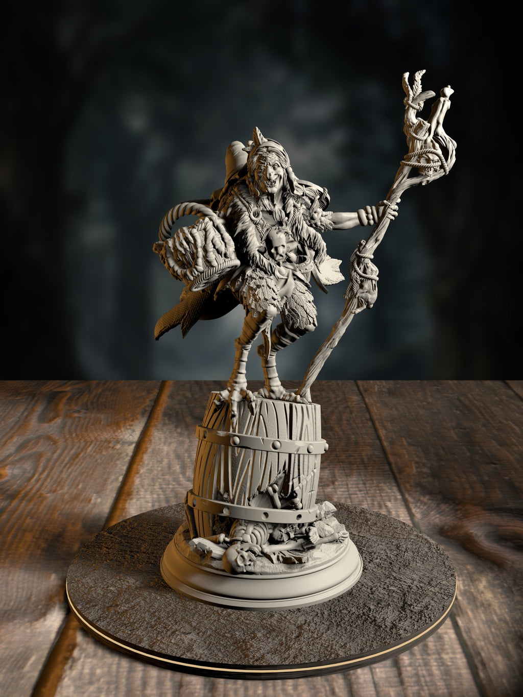 Baba Yaga, Ancient Witch, in tattered ritual garb, front view on a cursed-forest base.
