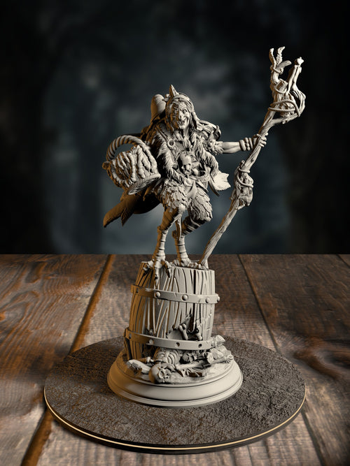 Baba Yaga, Ancient Witch, in tattered ritual garb, front view on a cursed-forest base.