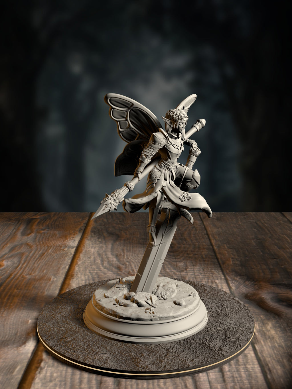 Battle Bell, Fairy Knight, a small fierce fey-gnome warrior mid-strike, front view on a fey-forest base.
