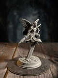 Battle Bell, Fairy Knight, a small fierce fey-gnome warrior mid-strike, front view on a fey-forest base.