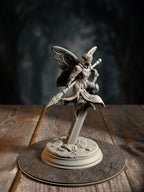 Battle Bell, Fairy Knight, a small fierce fey-gnome warrior mid-strike, front view on a fey-forest base.