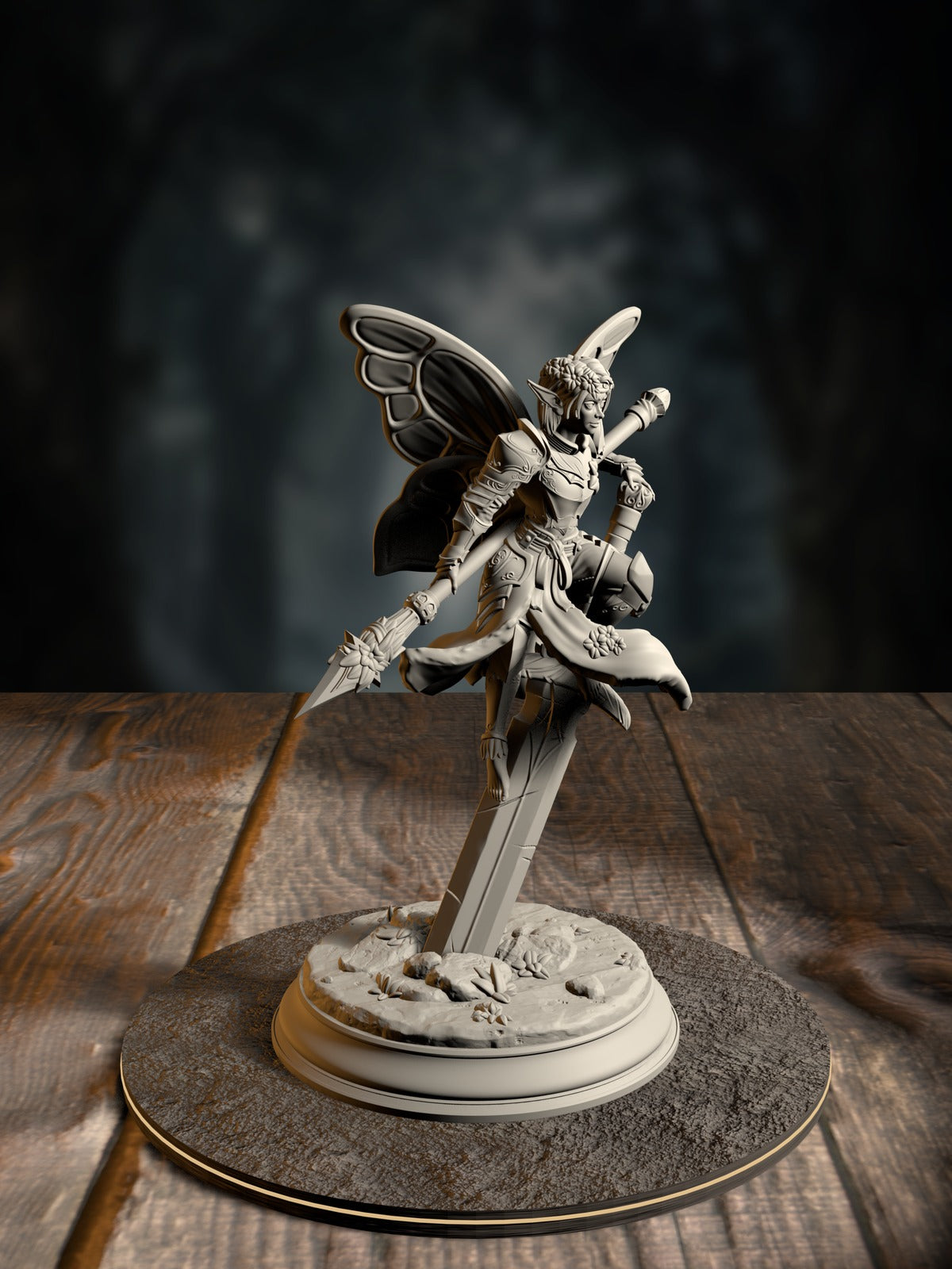 Battle Bell, Fairy Knight, a small fierce fey-gnome warrior mid-strike, front view on a fey-forest base.