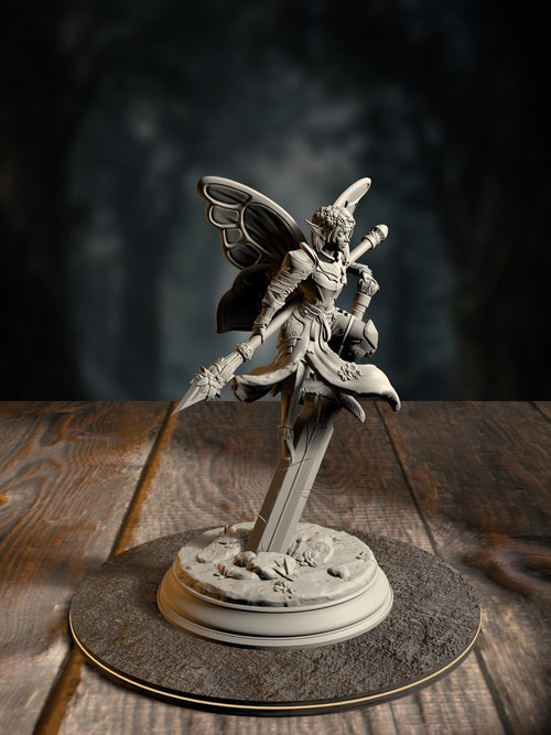 Battle Bell, Fairy Knight, a small fierce fey-gnome warrior mid-strike, front view on a fey-forest base.