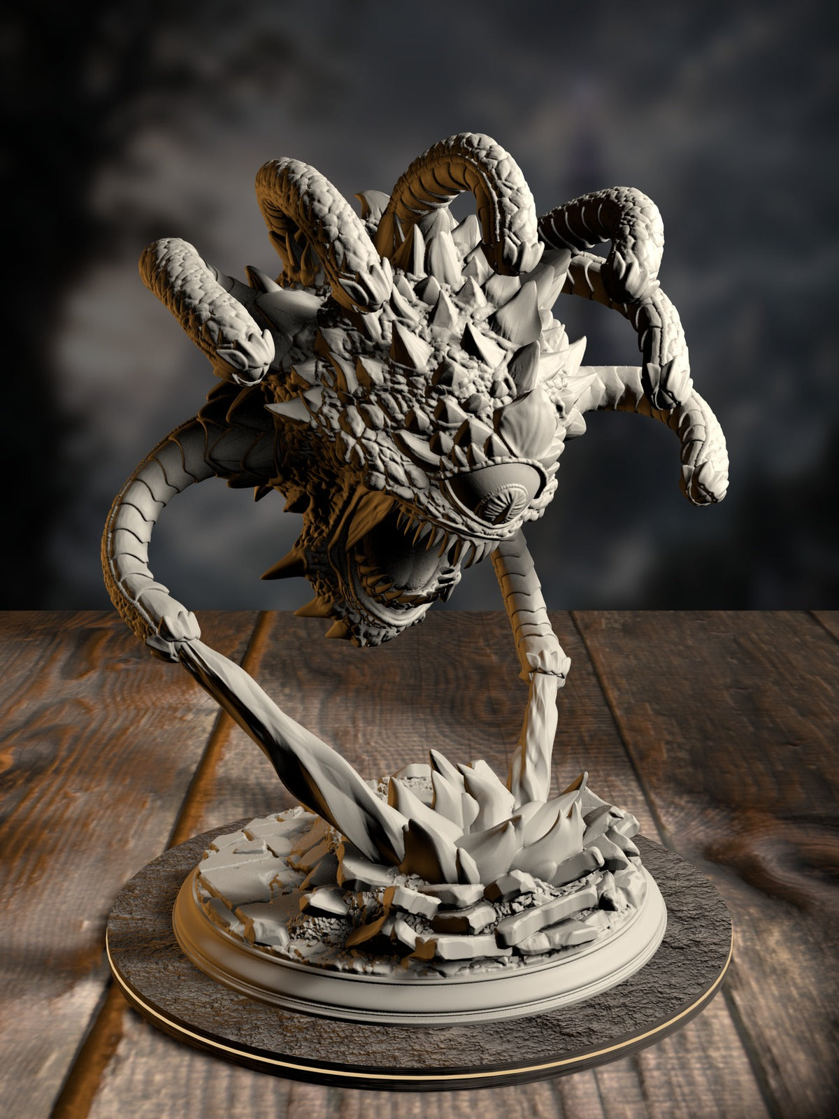 Beauty, Aberrant Observer, a many-eyed floating aberration, front view on a large dungeon-hall base.