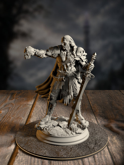 Corsicus, Swordsman of the North, in heavy cavalry armor with sword drawn, front view on a borderlands base.