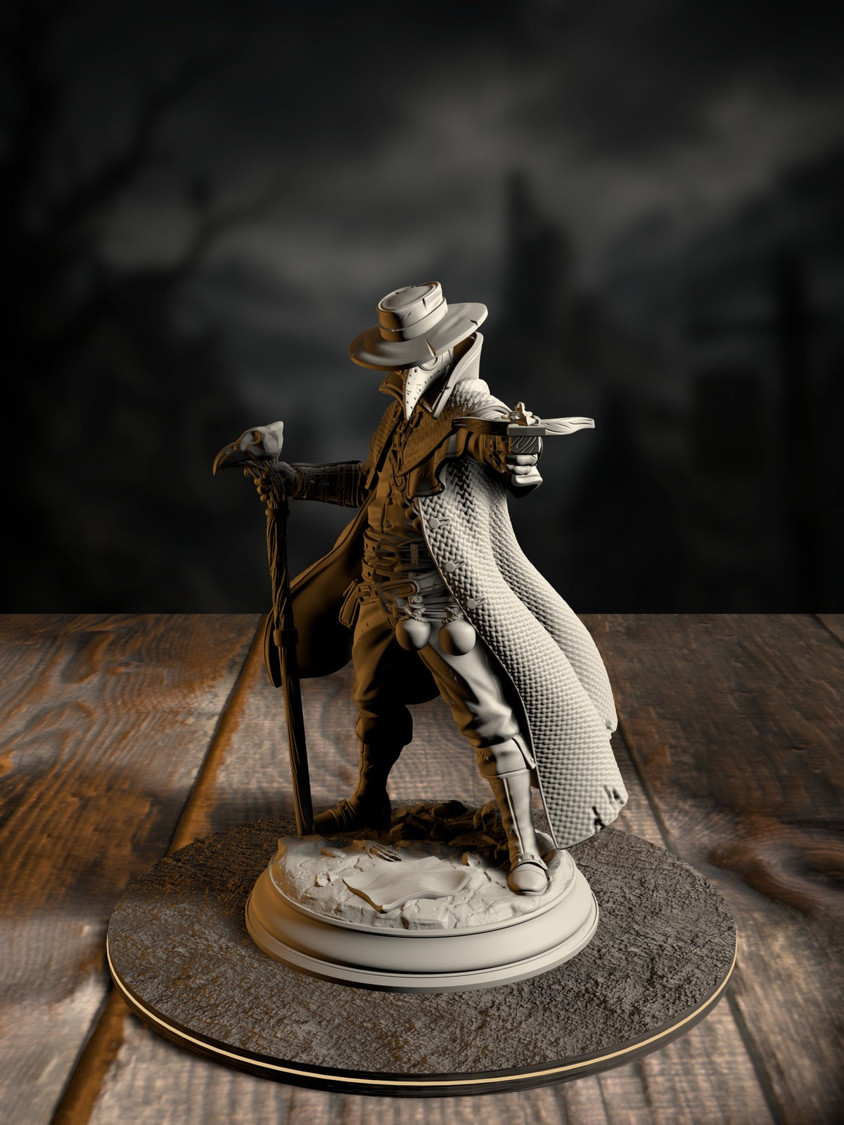 Doktor Jakobson, Deranged Plague Doctor, in an iconic beaked mask and coat, front view on a grim scenic base.