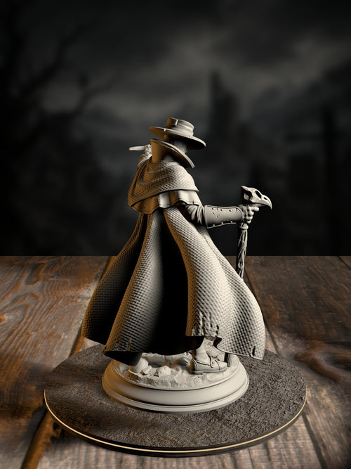 Doktor Jakobson rear view showing coat detail and plague-doctor tools.