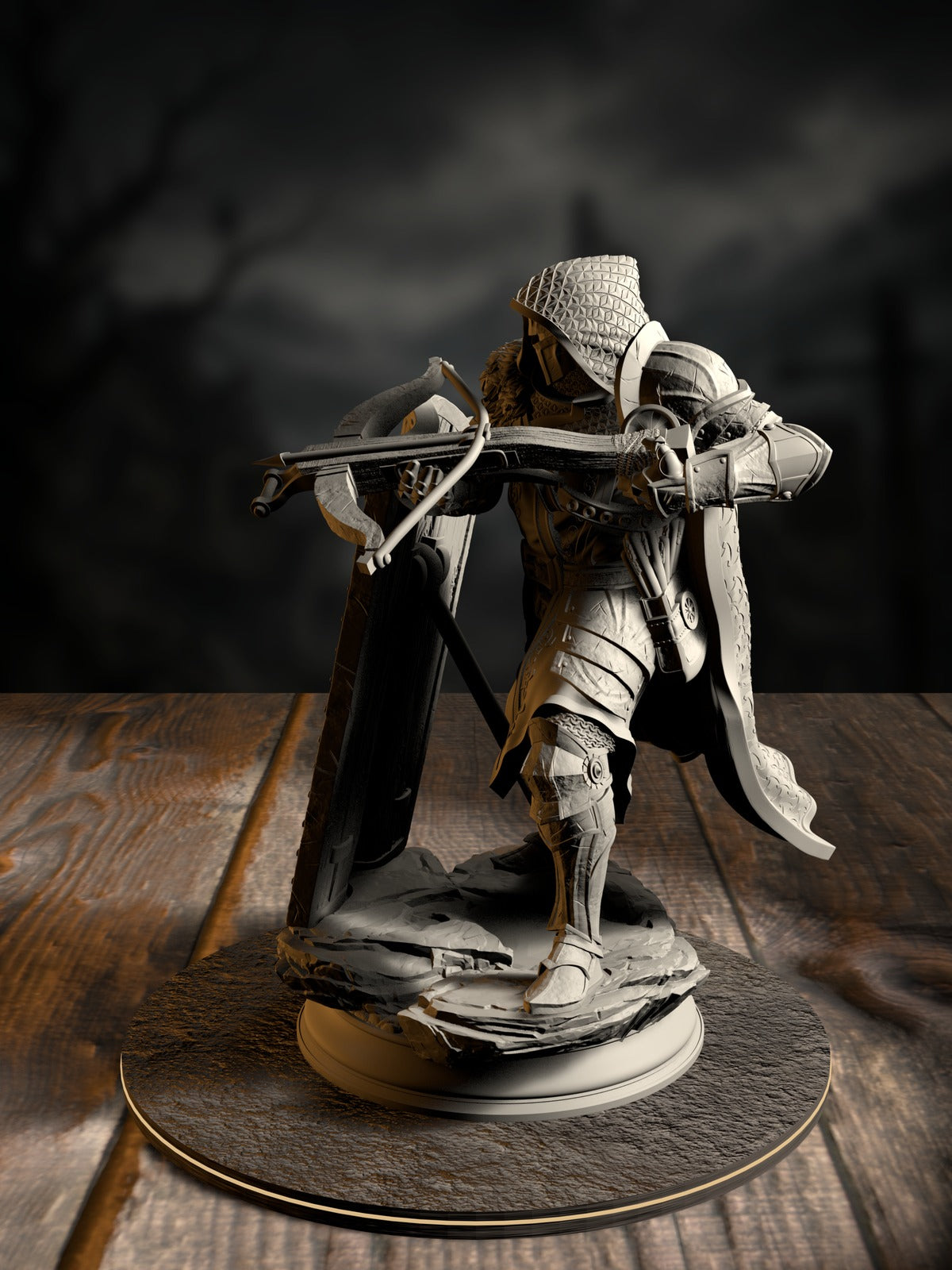 Erik of the Scarlett Road, hedge knight, aiming a crossbow in a weathered cloak and traveling armor, front view on a rocky base.