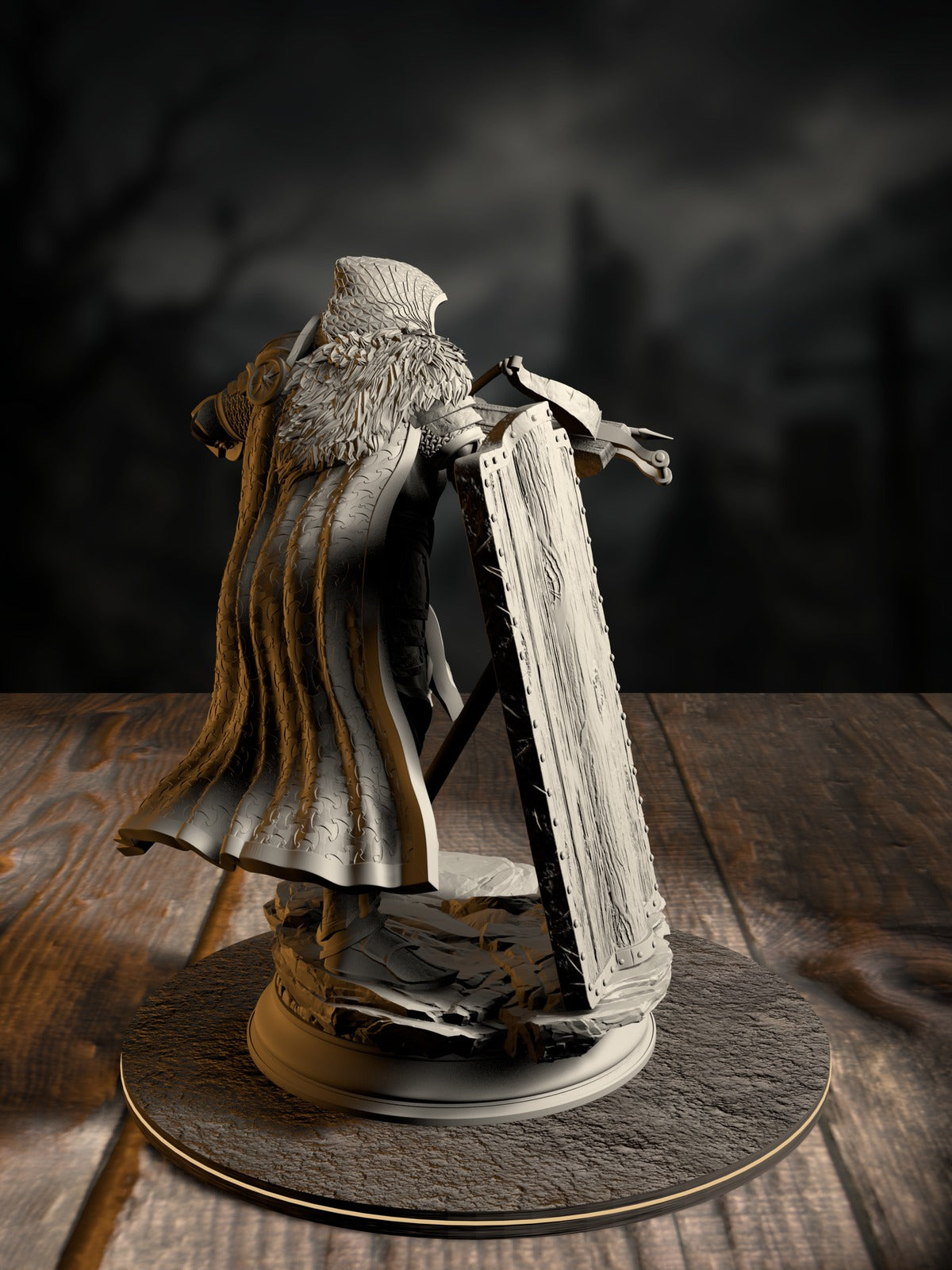Erik of the Scarlett Road rear view showing cloak, quiver, and armor detail against a misty backdrop.