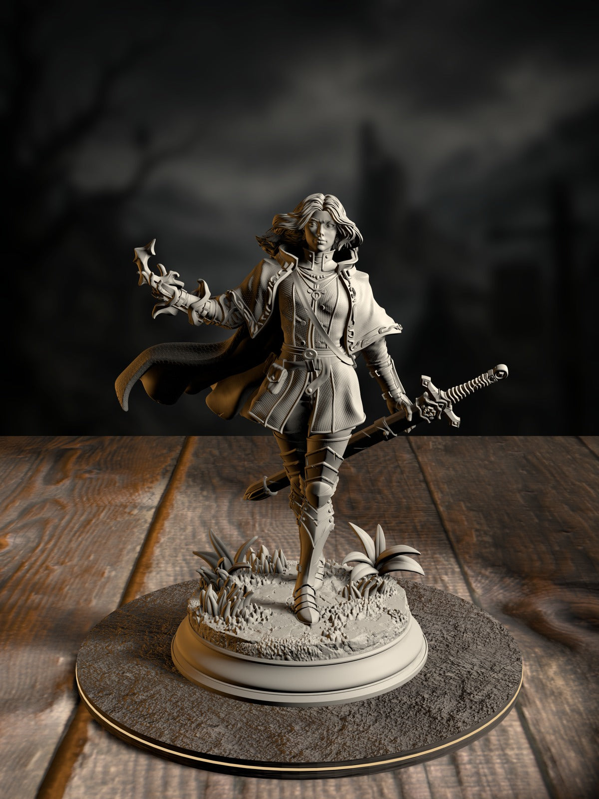 Erina of Amarth, University Proctor, in ornate fighter-paladin armor gripping a drawn longsword, front three-quarter view on a rocky base.
