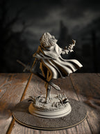 Erina of Amarth rear view showing detailed armor plating, cloak, and Proctor’s insignia against a smoky plague-stricken backdrop.