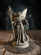 Feena, Fairy Godmother, mid-cast with gentle radiant magic, front view on a hopeful-glade base.