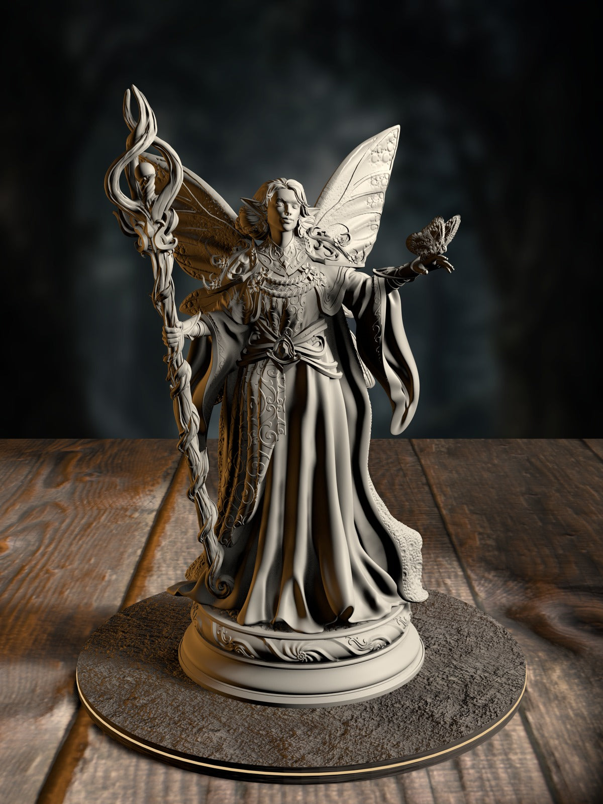 Feena, Fairy Godmother, mid-cast with gentle radiant magic, front view on a hopeful-glade base.