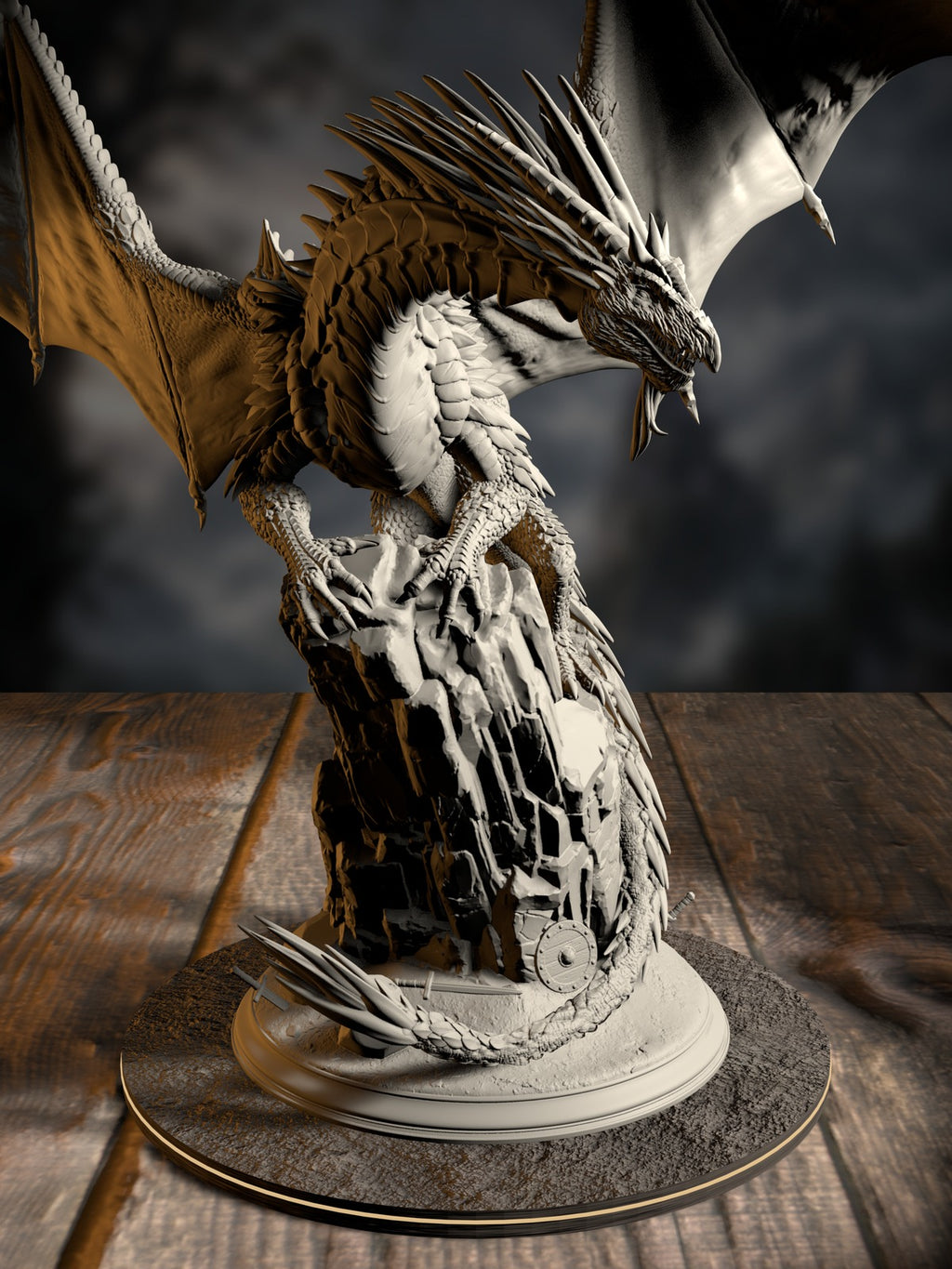Gintharax, Adult Silver Dragon, wings spread in a commanding guardian pose, front view on a huge scenic base.