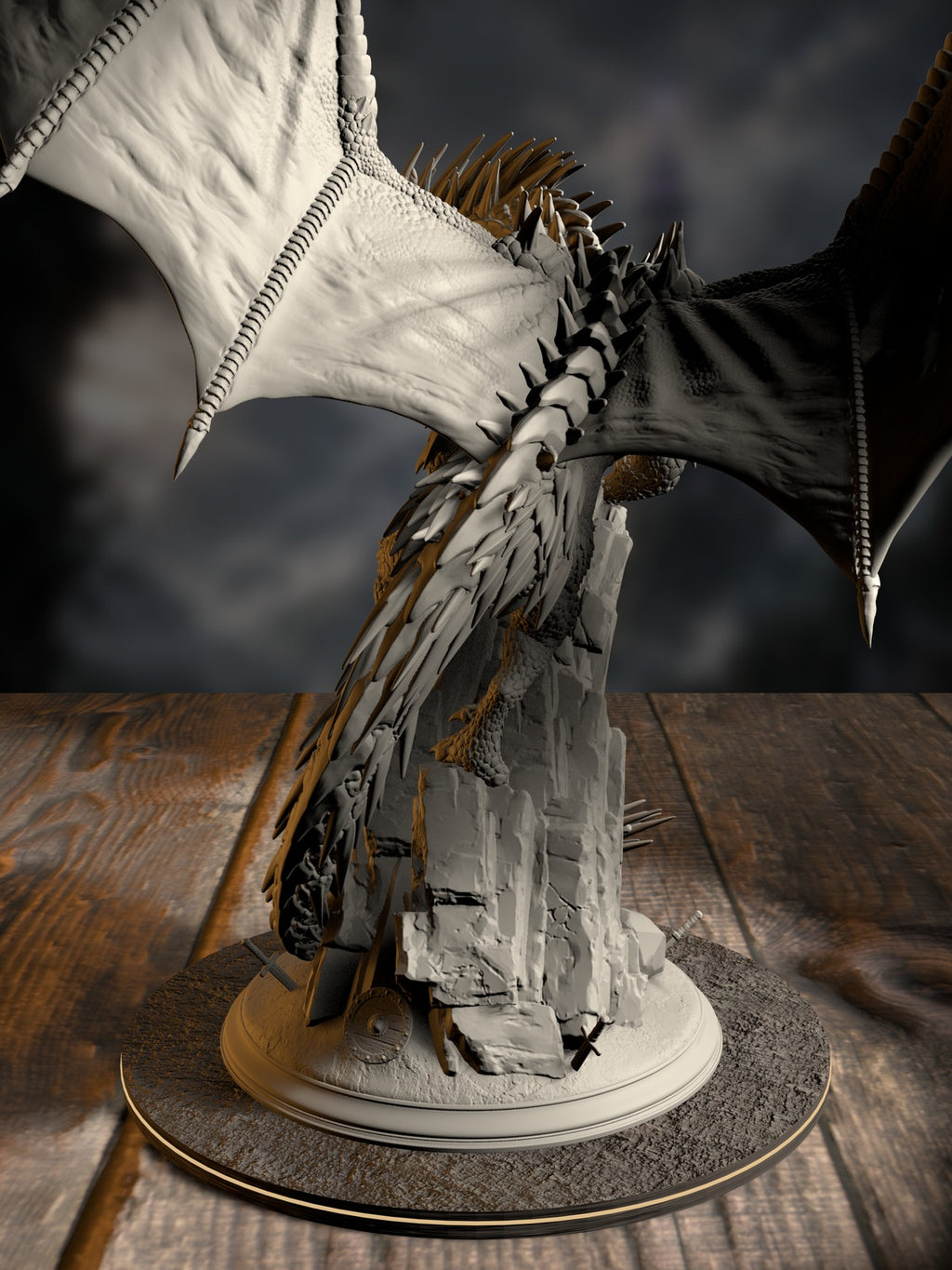 Gintharax rear view showing intricate silver scale detail and wing structure.