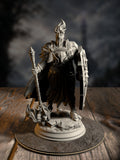 Glancalion, Paladin of the First Flame, in flame-motif armor with a resolute stance, front view on a sacred-flame base.