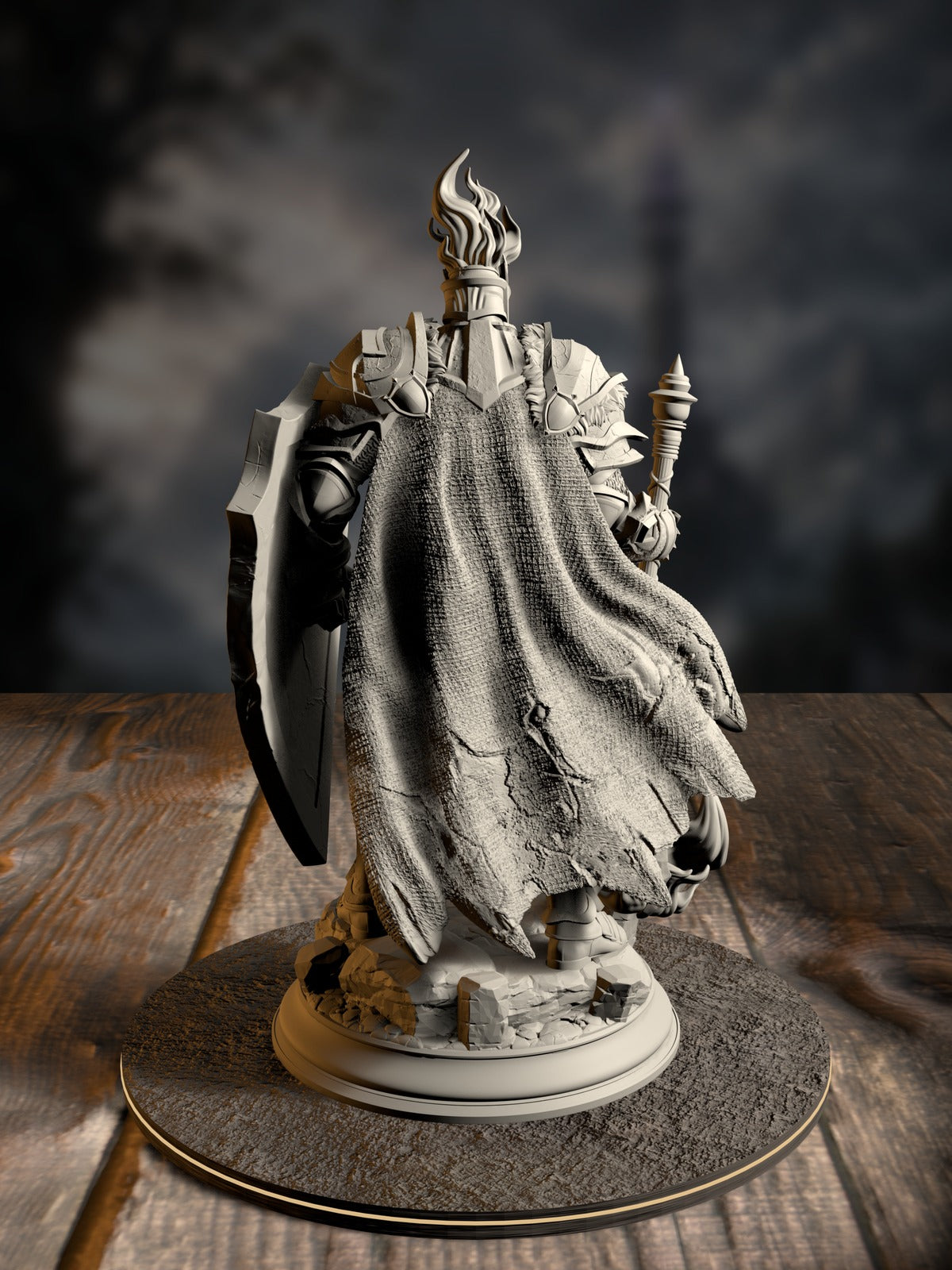 Glancalion rear view showing holy regalia and flame-motif armor detail.