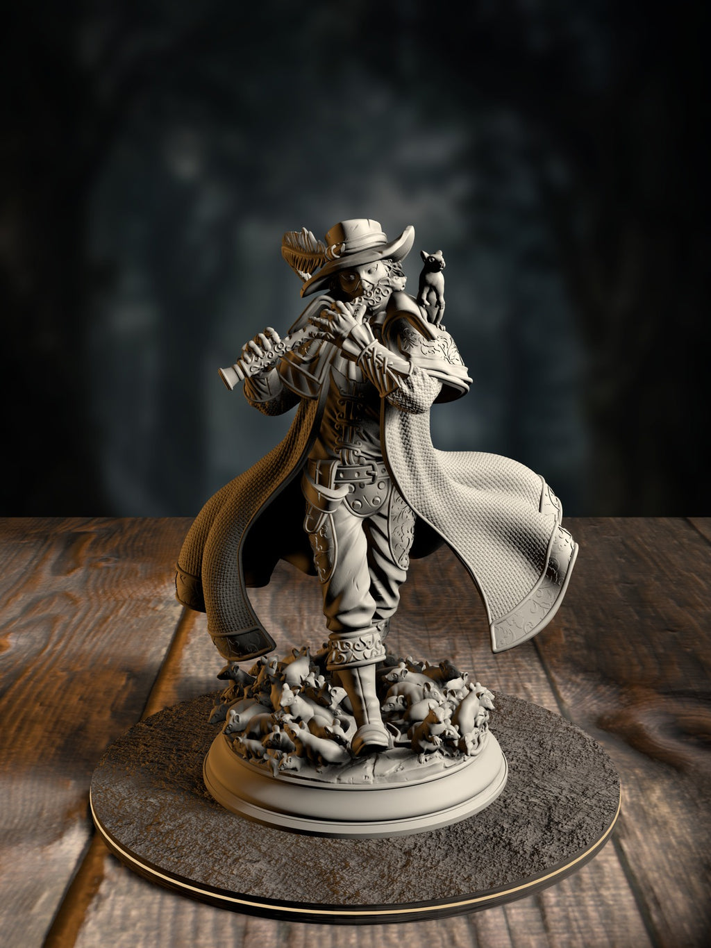 Hamelin Pansworth, The Pied Piper, mid-performance with a mystical flute, front view on a vermin-swarm base.