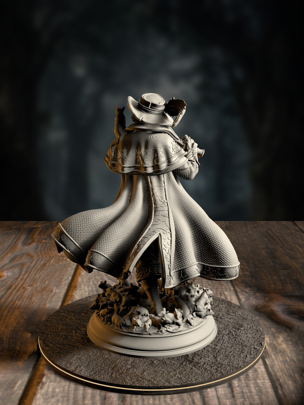 Hamelin Pansworth rear view showing ornate piper attire and flute detail.