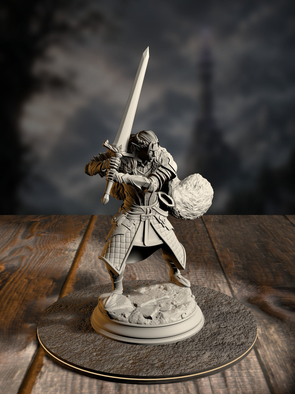 Harias of the Borderlands, Elven Fighter, in weathered armor with a composed stance, front view on a forest-fringe base.