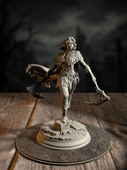 Hera, Blood Rogue, in a sharp agile stance with concealed blades, front view on an urban base.