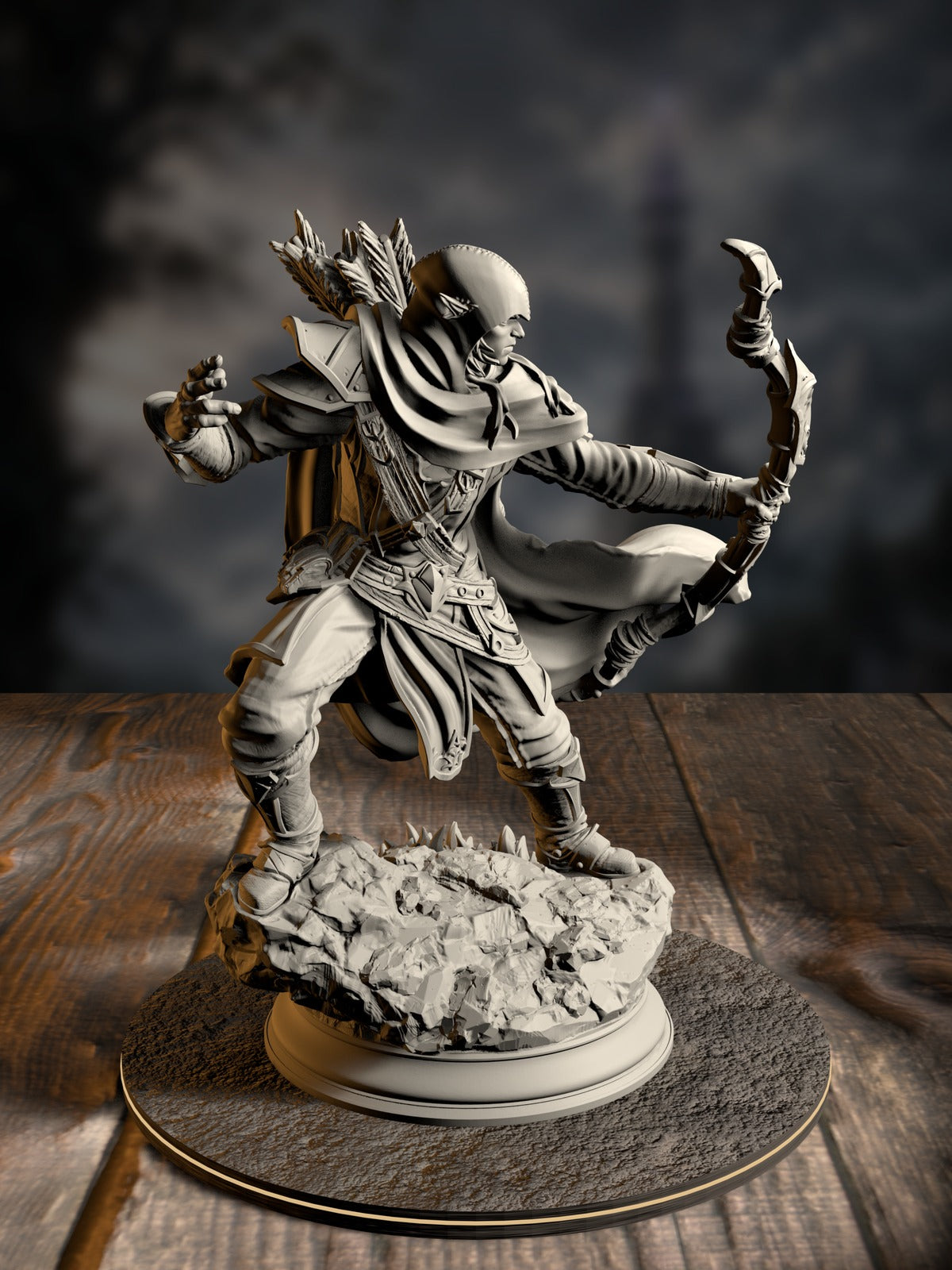 Indua’ne Viverik, Drow Ranger, in an alert bow-ready stance with Glanbelite gear, front view on a forest-edge base.