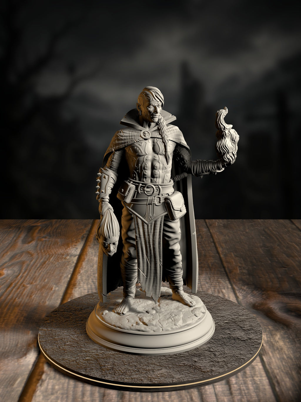 Kael the Forlorn Soul, Dark Pact Warlock, in patron-touched robes mid-cast, front view on an eerie base.