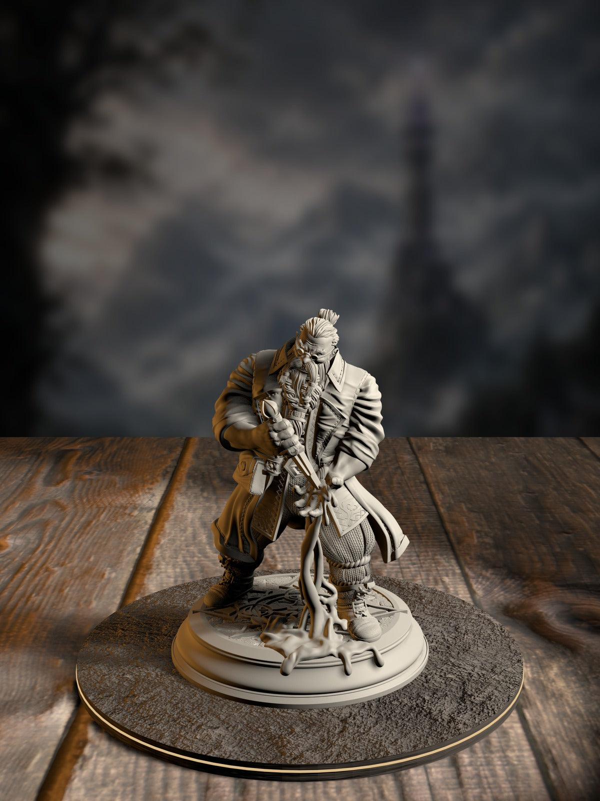 Korgrin Bloodstone, Fledgling Haemomancer, mid-cast with blood-magic sigils, front view on an alleyway base.