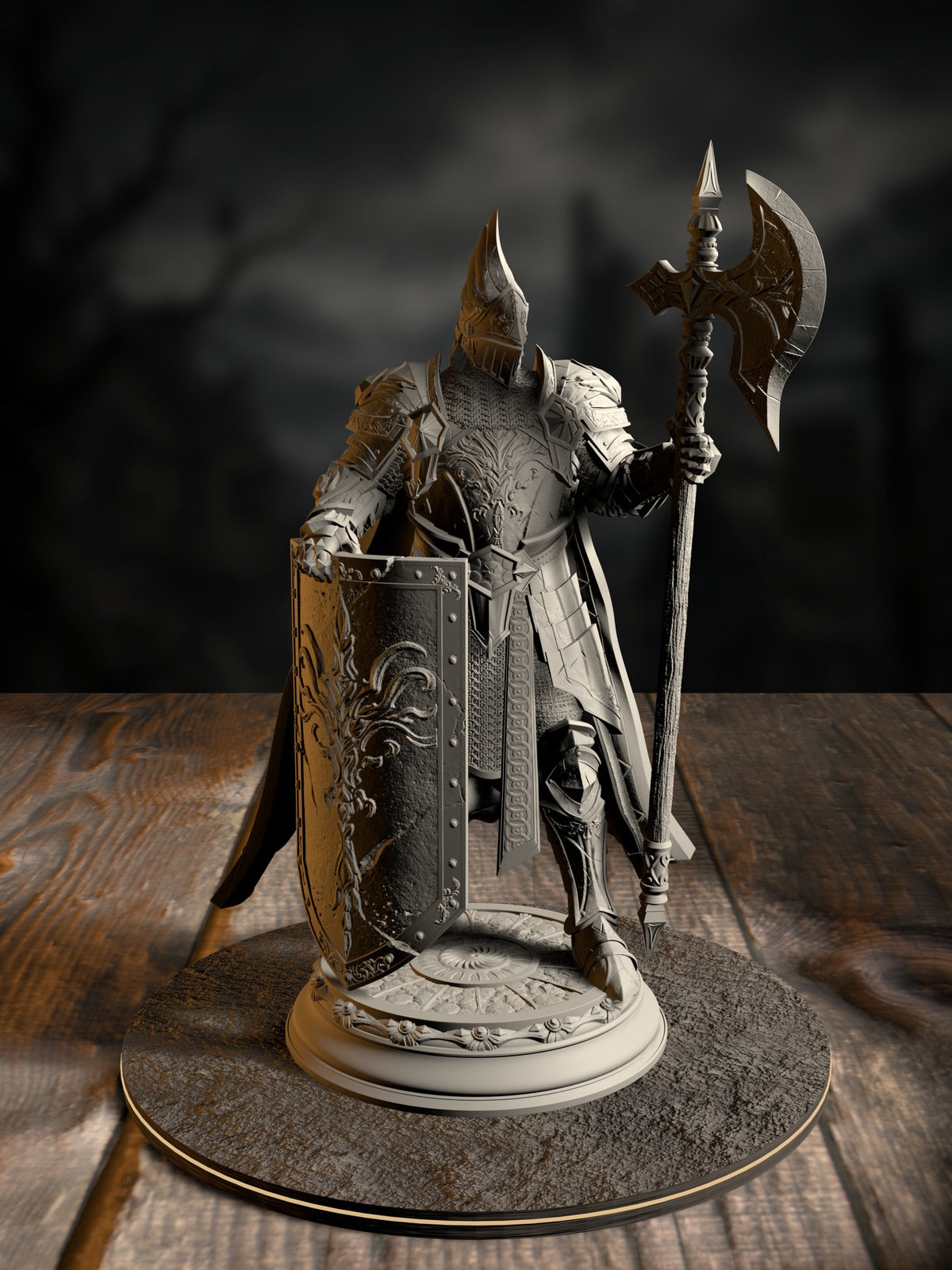 Lars von Findros, Elite Knight of the North, in ornate armor with sword and shield, front view on a scenic base.
