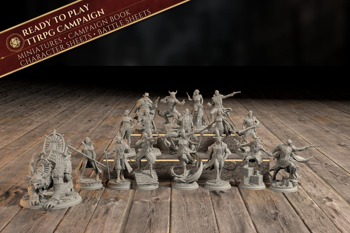 Group photo of all 17 painted-ready miniatures from the Law & Disorder campaign bundle, with a Ready to Play banner listing miniatures, campaign book, character sheets, and battle sheets.