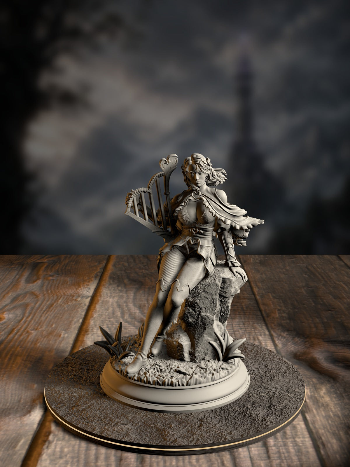 Mabel, Bard of Hearts, mid-performance with an enchanted instrument, front view on a stage-adjacent base.
