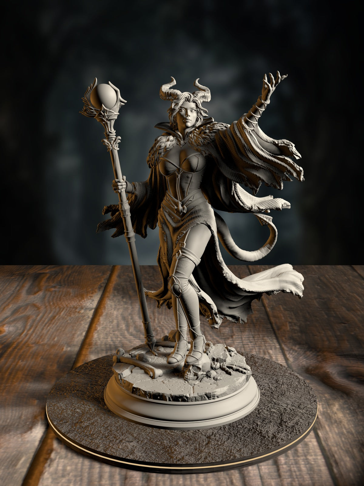 Mallory the Envious, The Dark Ruler, in imposing envy-touched regalia, front view on a corrupted-court base.
