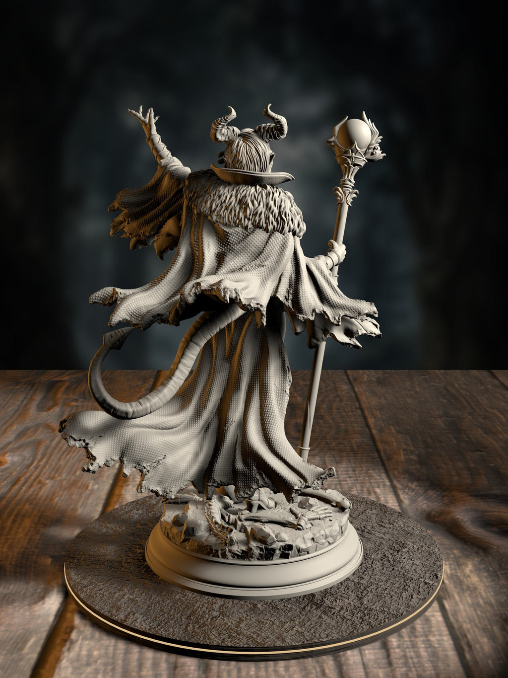 Mallory the Envious rear view showing dark-ruler regalia and commanding pose.