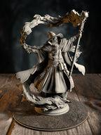 Merlin of Monmouth, Elder Wizard, with prophetic regalia and arcane staff, front view on a court-chamber base.
