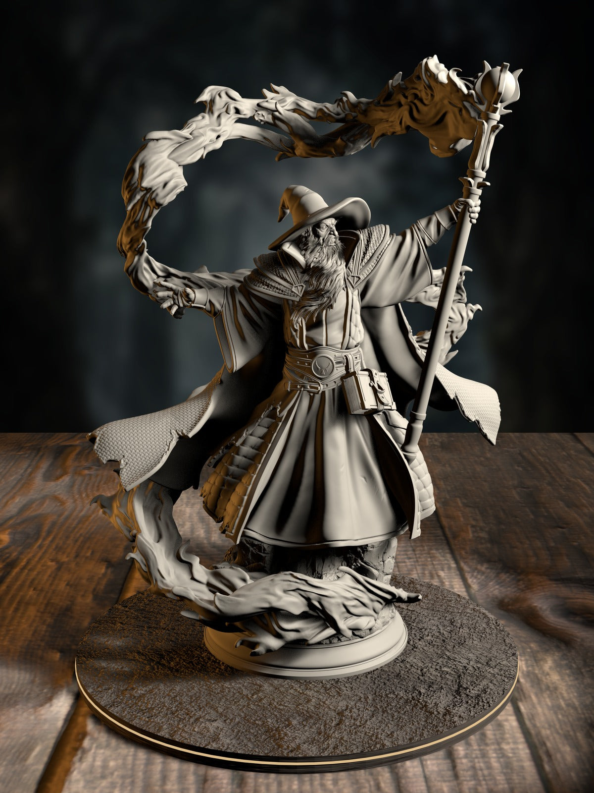 Merlin of Monmouth, Elder Wizard, with prophetic regalia and arcane staff, front view on a court-chamber base.