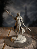 Ninera Glynvari, Blade of the Crescent Moon, wielding a crescent blade with clerical regalia, front view.