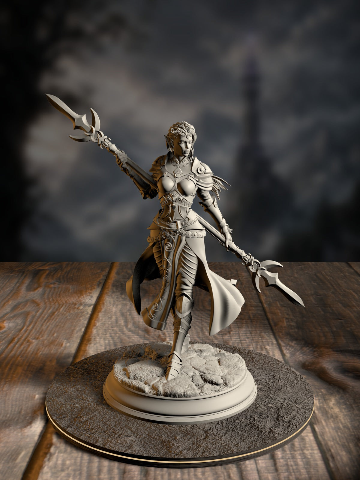 Ninera Glynvari, Blade of the Crescent Moon, wielding a crescent blade with clerical regalia, front view.