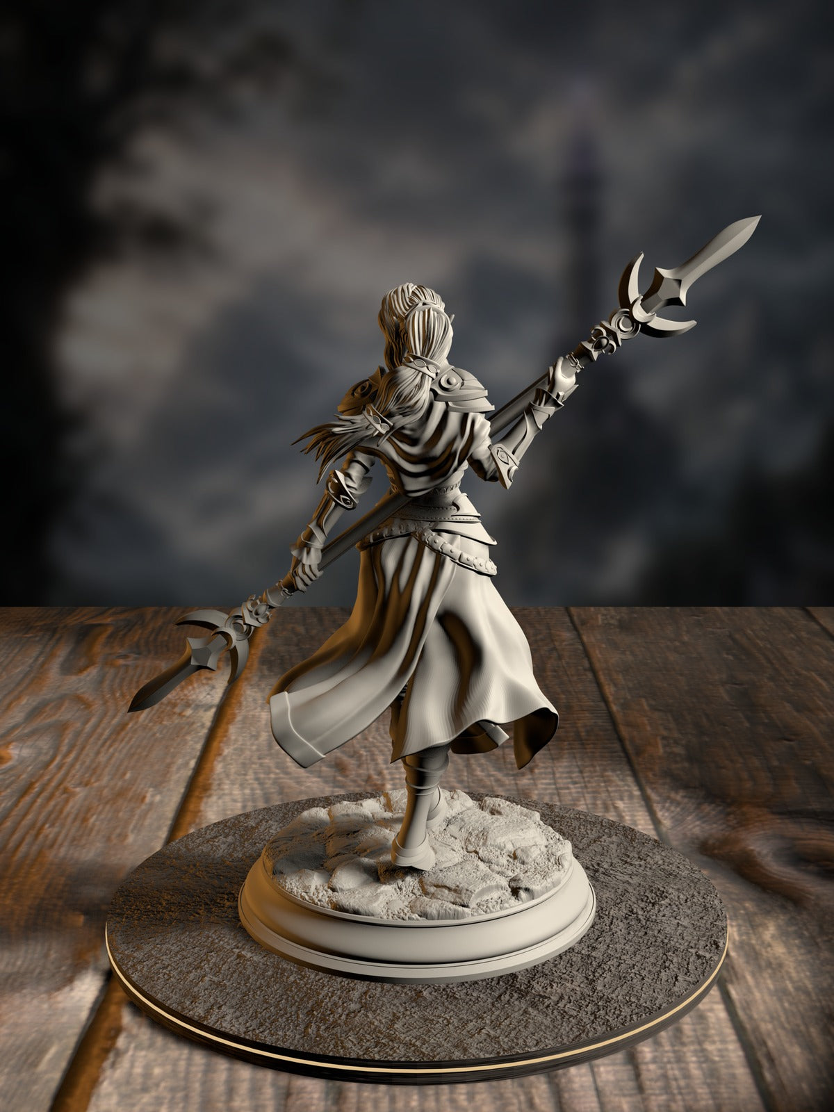 Ninera Glynvari rear view showing Glanbeli clerical regalia and blade detail.